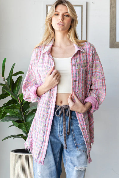 Pink WASHED PLAID MIXED TOP