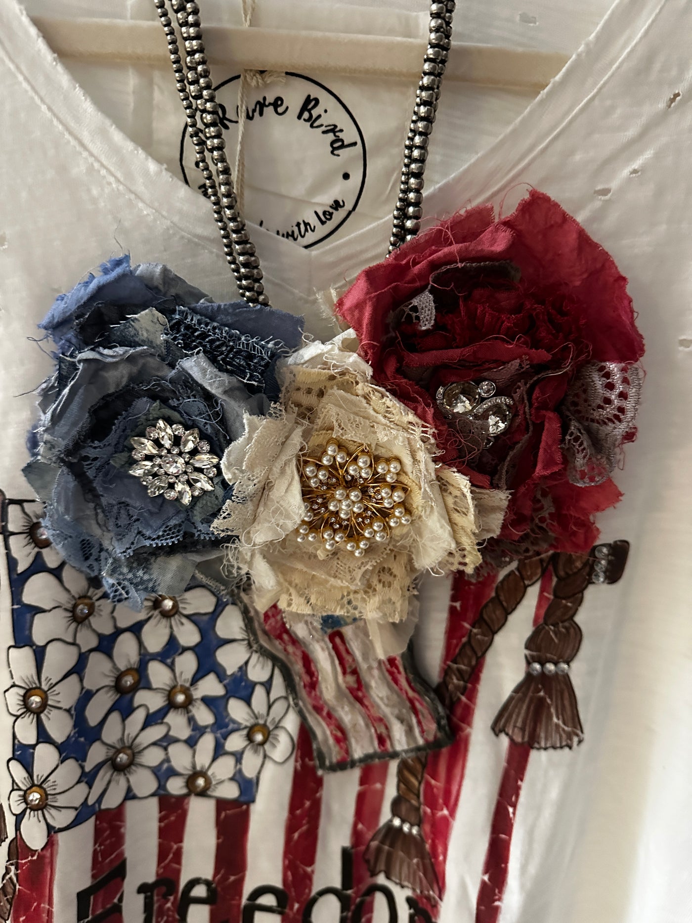 Red, white and blue flowers USA Flag Necklace