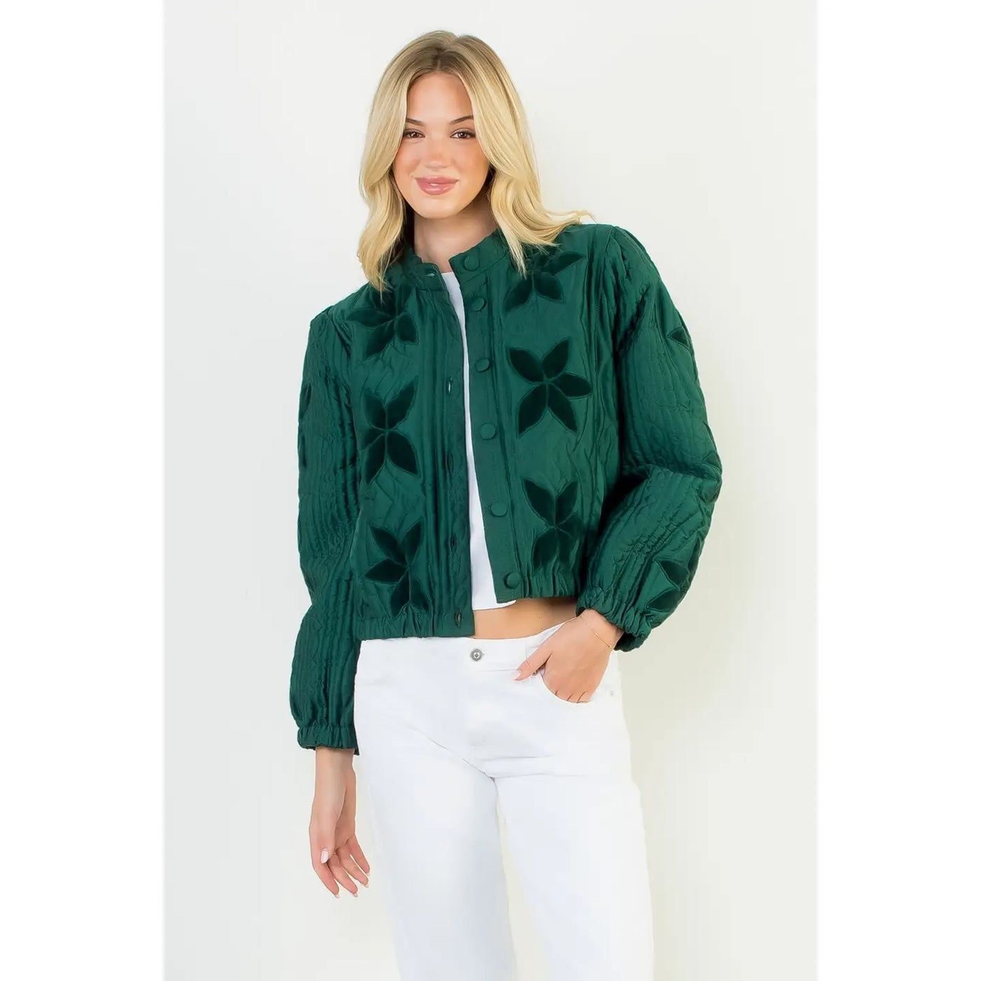 Green Flower Detail Velvet Quilted Jacket