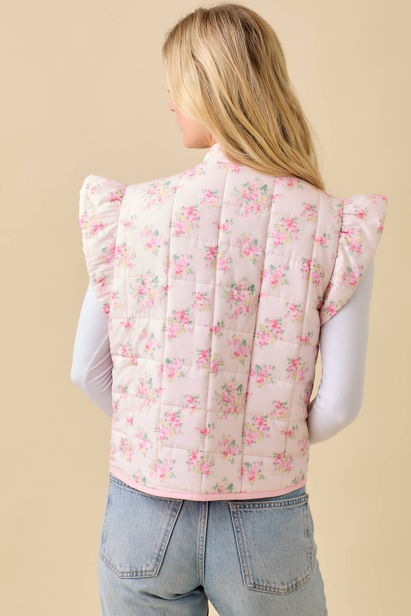 Floral Pink Ruffle Sleeve Puff Vest