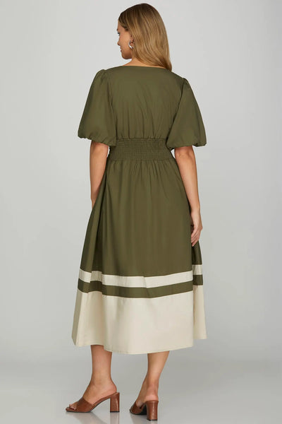 Olive Bubble Sleeve Midi Dress