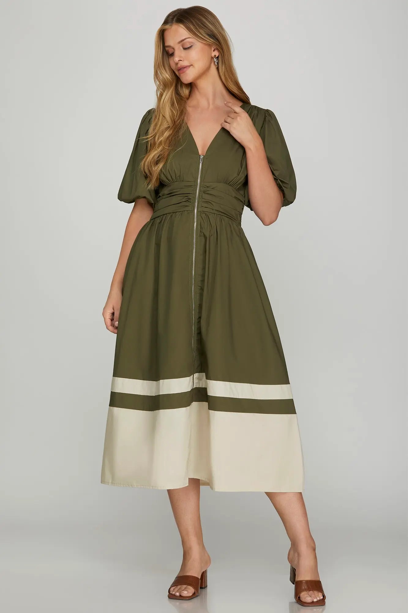 Olive Bubble Sleeve Midi Dress