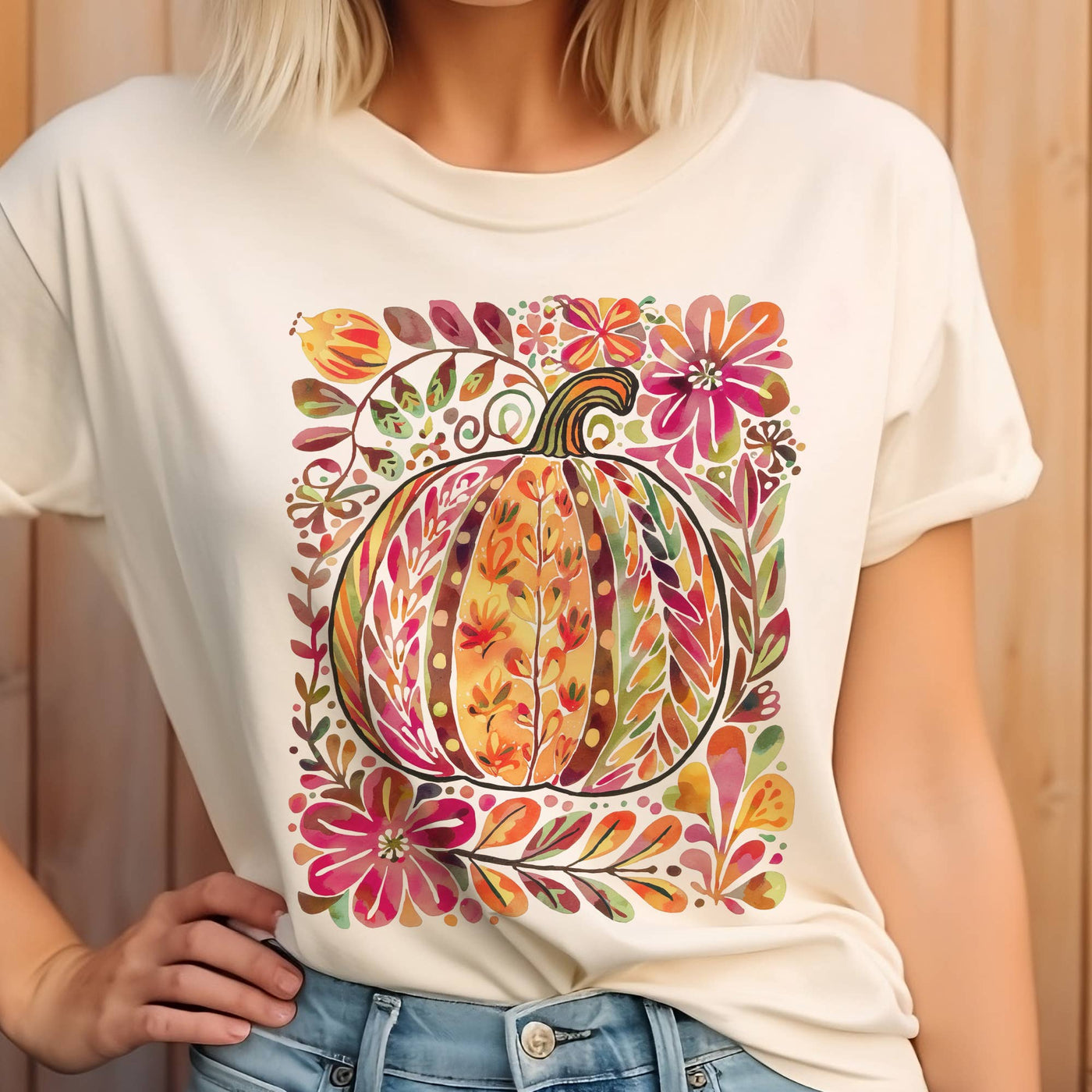 Boho Floral &  Pumpkin Fall T-Shirt