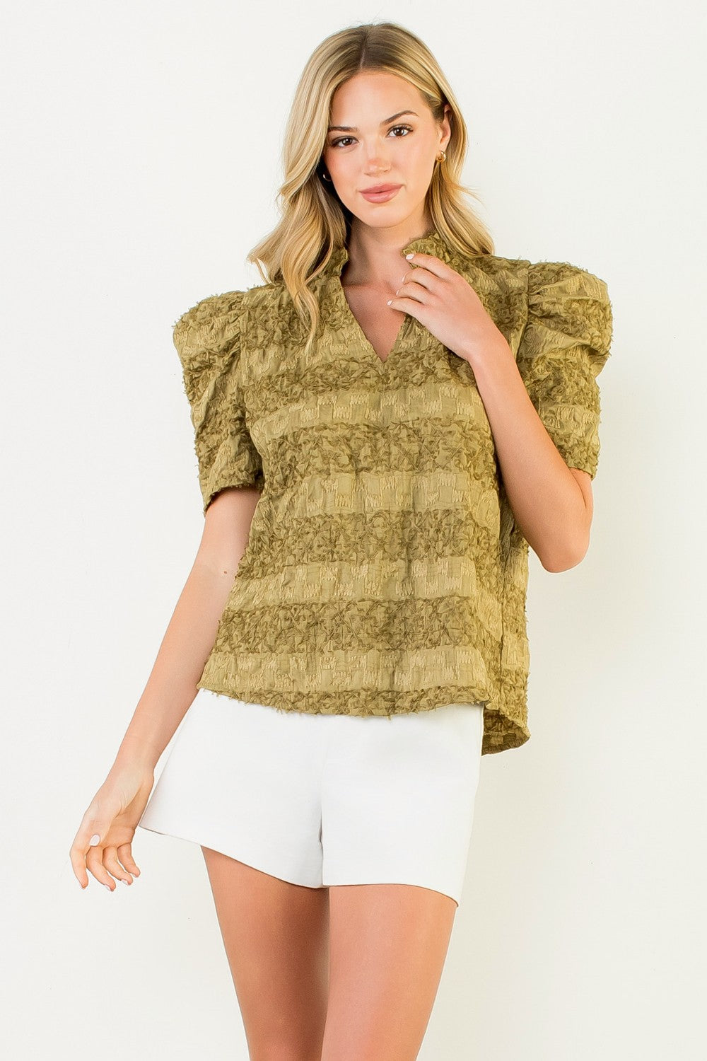 Olive Short Sleeve Textured Top