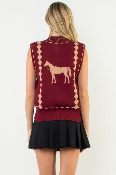 Burgundy Sleeveless Horse Knit Vest