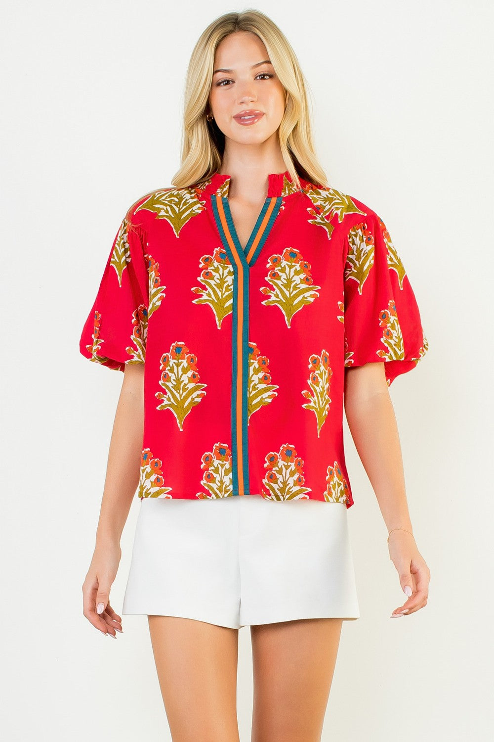 Floral V-Neck Puff Sleeve Top