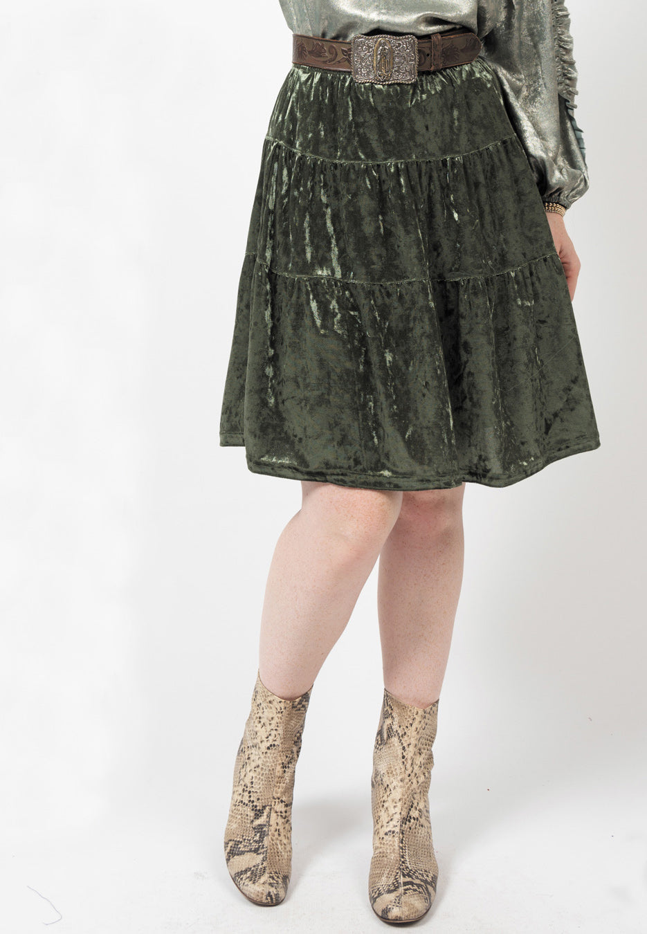 Ivy Jane Tiered Velvet Skirt - Olive