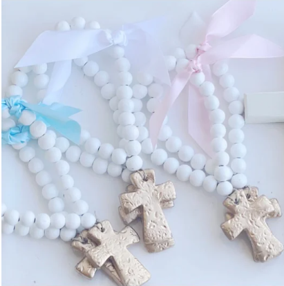 Hand Brushed Gold Leaf Cross - White Beads and Ribbon