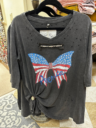 America Patriotic Bow Tattered Tee
