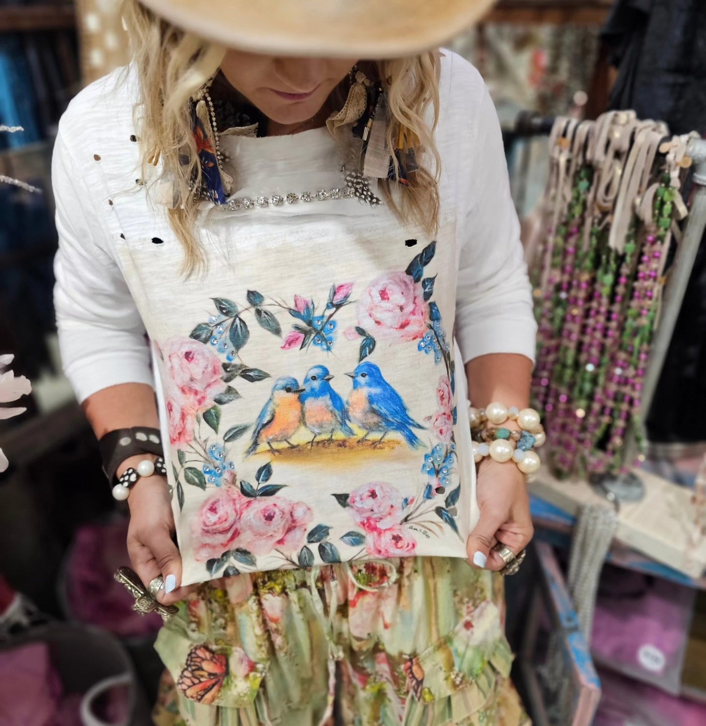 Tweet Heart Roses & Blue Birds Tattered Tee