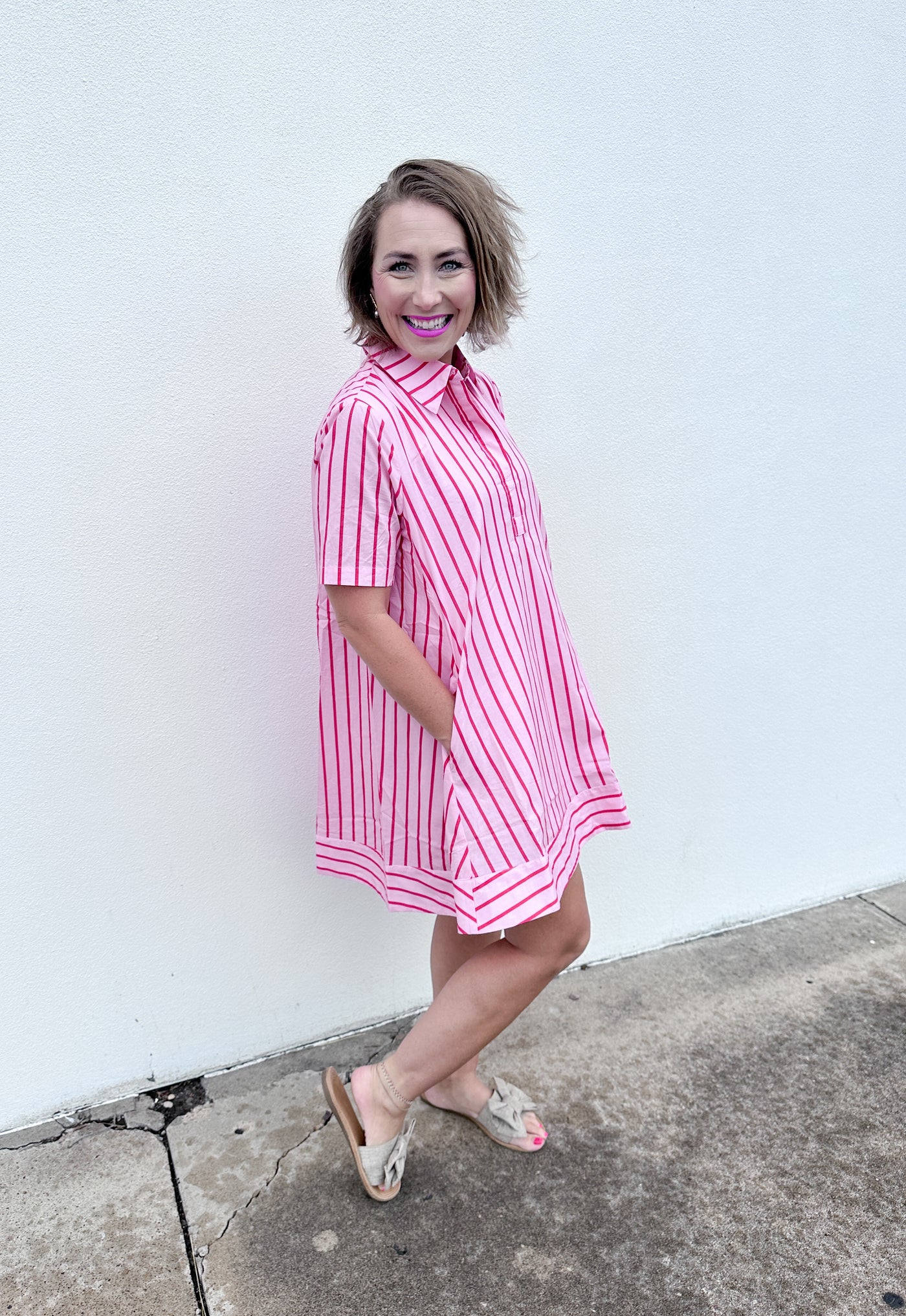 Pink and Red Striped Shirt Dress