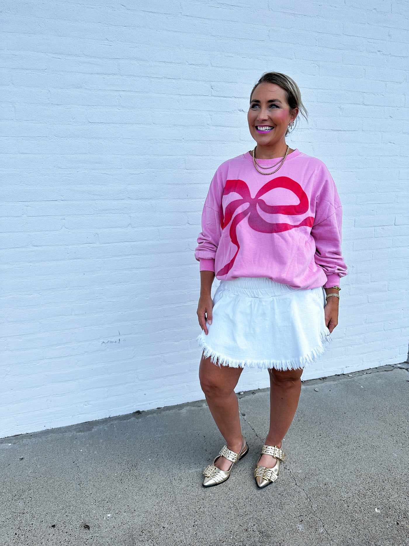 Pink Printed Bow Terry Pullover