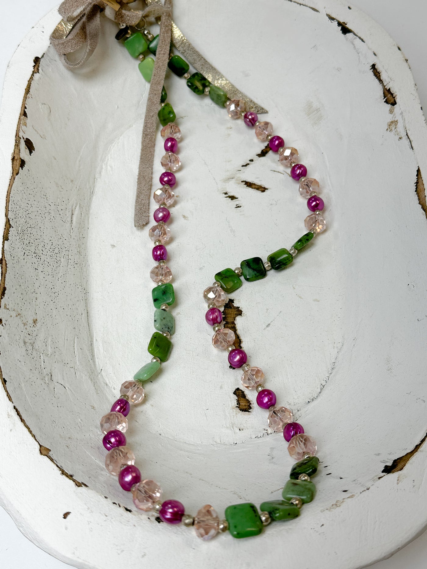 Pink Pearls & Green Jasper Beads Adjustable Necklace