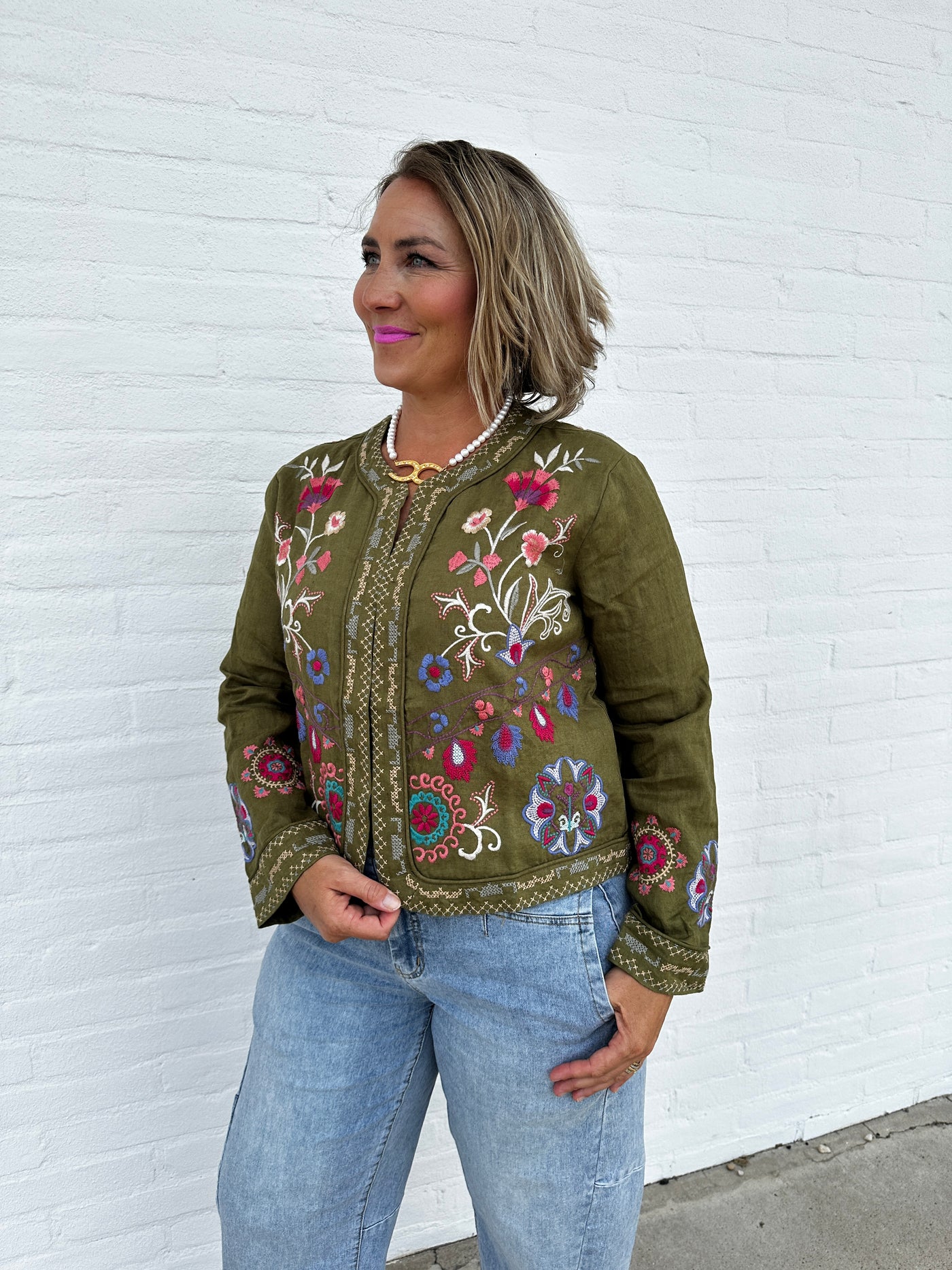 GLORIA Olive Martini LINEN BOLERO JACKET