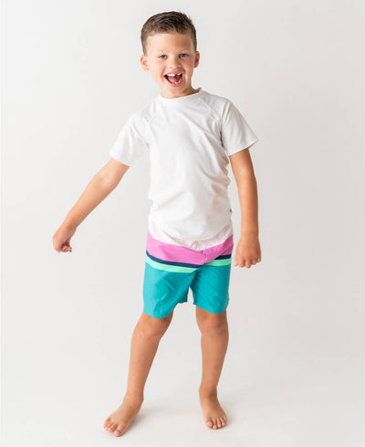 Boys Aqua Color Block Swim Trunks