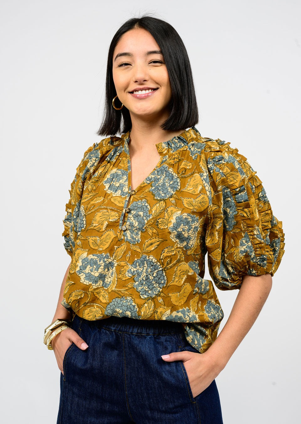 Hydrangea Copper Ruffle Sleeve Top