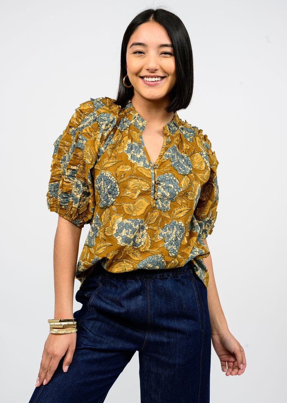 Hydrangea Copper Ruffle Sleeve Top