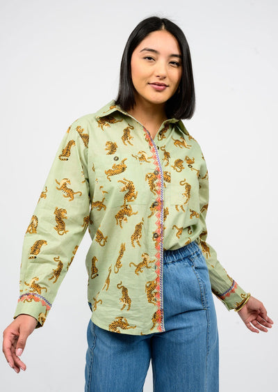 Tiger Embroidered Camp Shirt