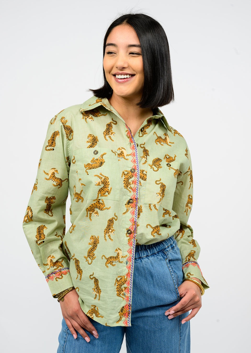 Tiger Embroidered Camp Shirt