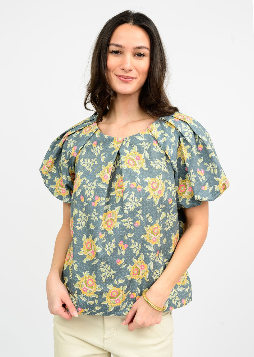 Pleated Neck Muted Floral Top