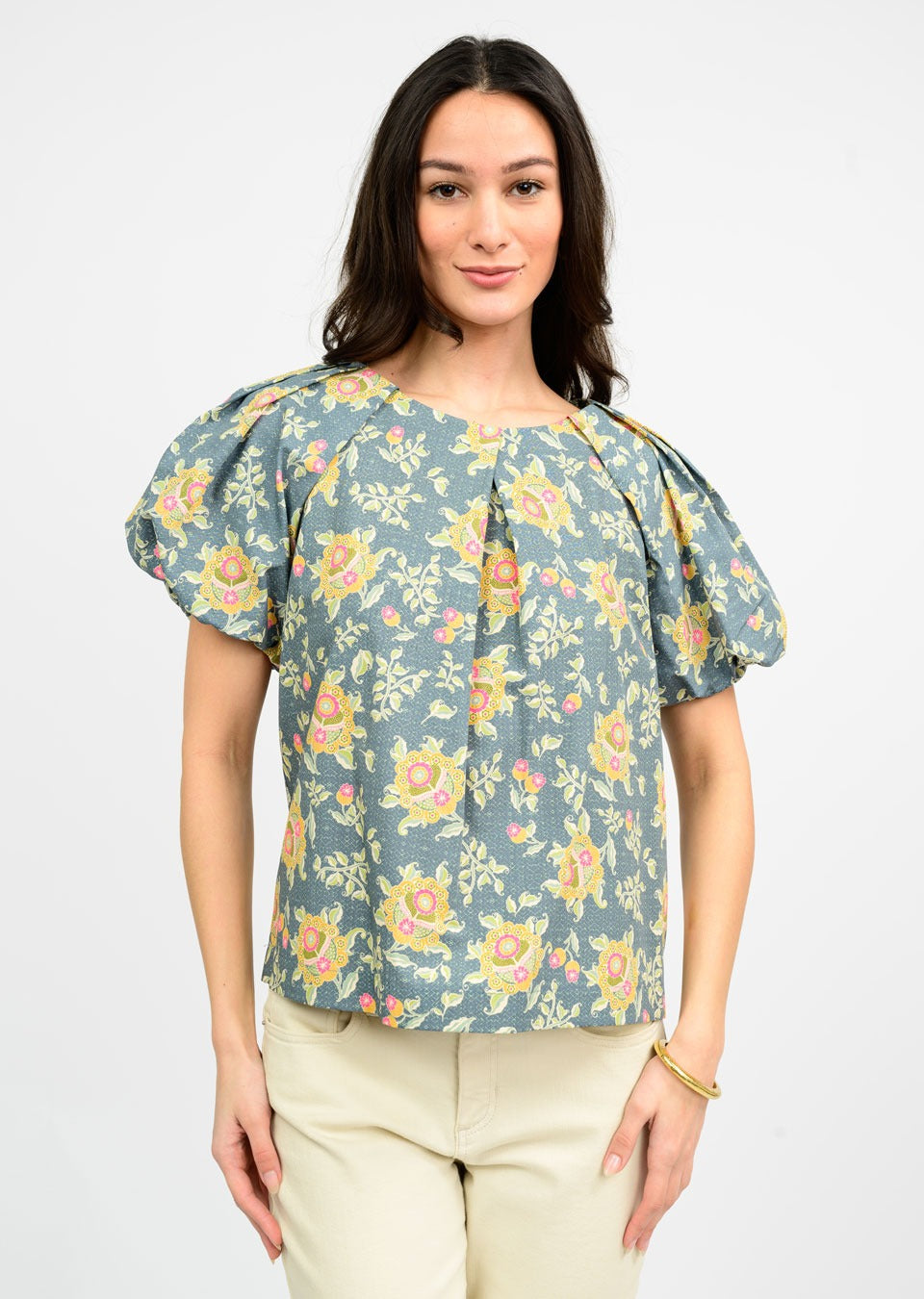 Pleated Neck Muted Floral Top
