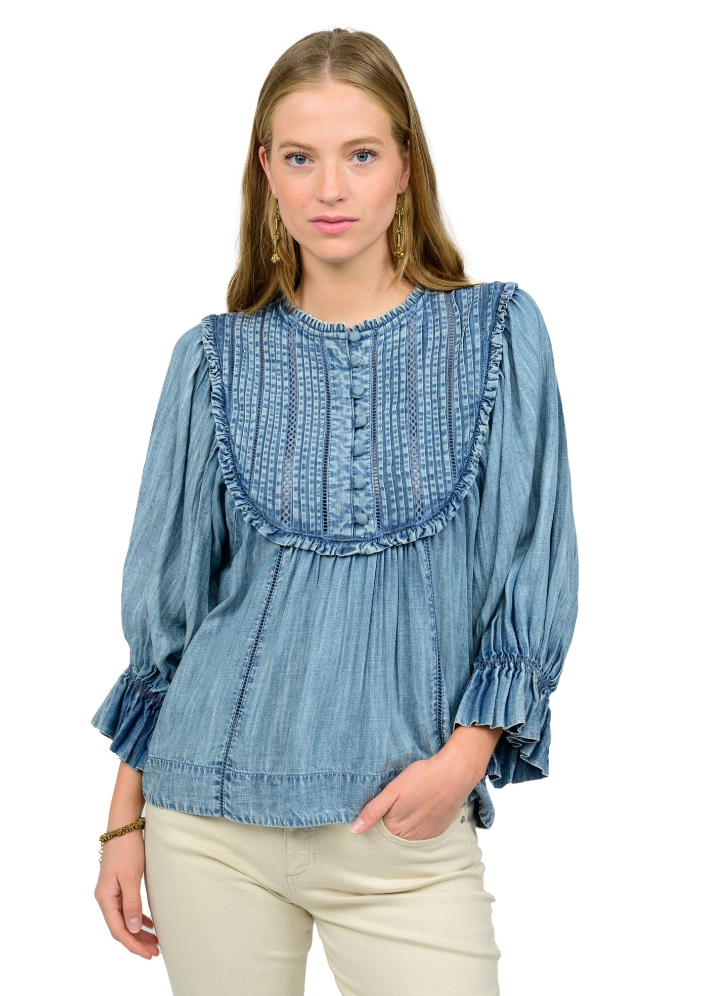 Indigo Ruffle Sleeve Top