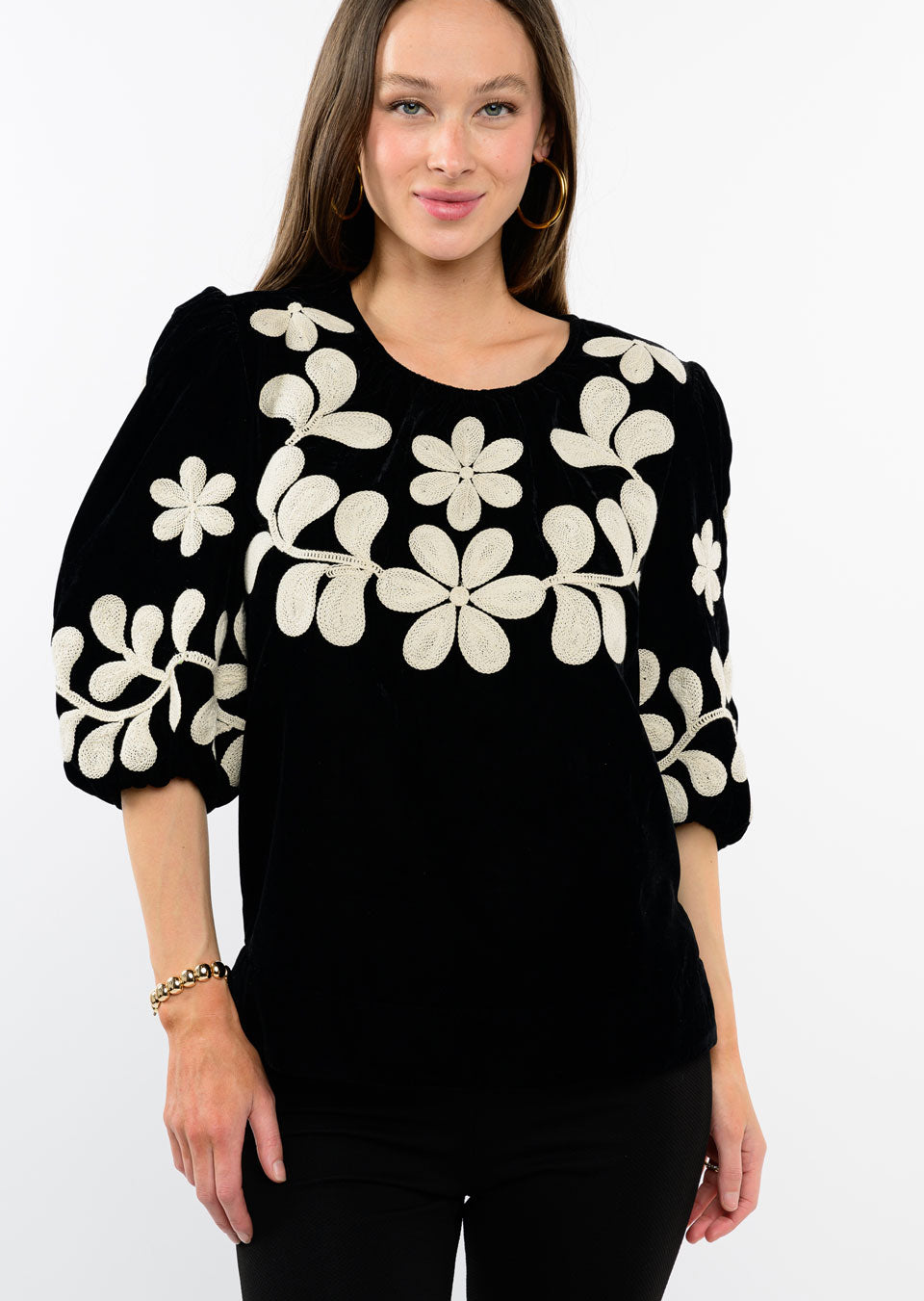 Black Embroidered Velvet Top