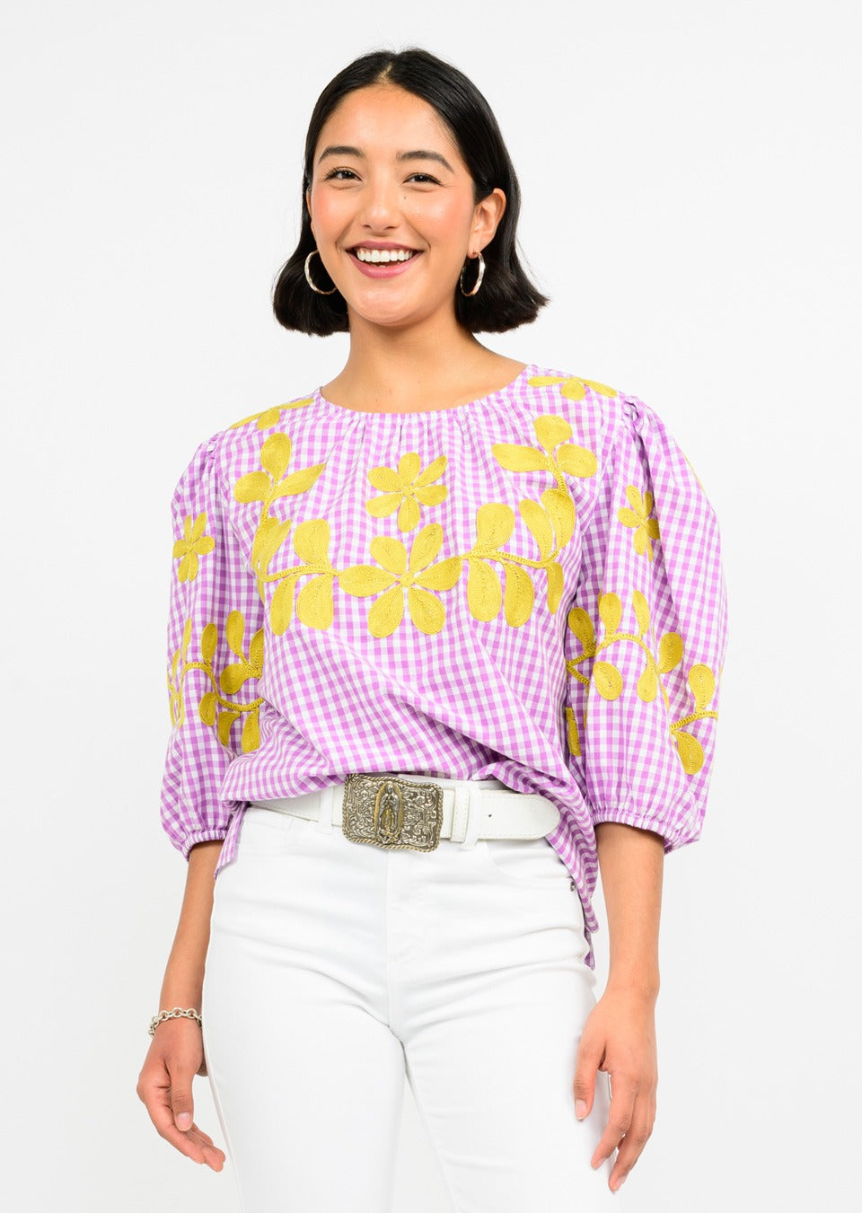 CHECKERed EMBROIDERED Floral TOP