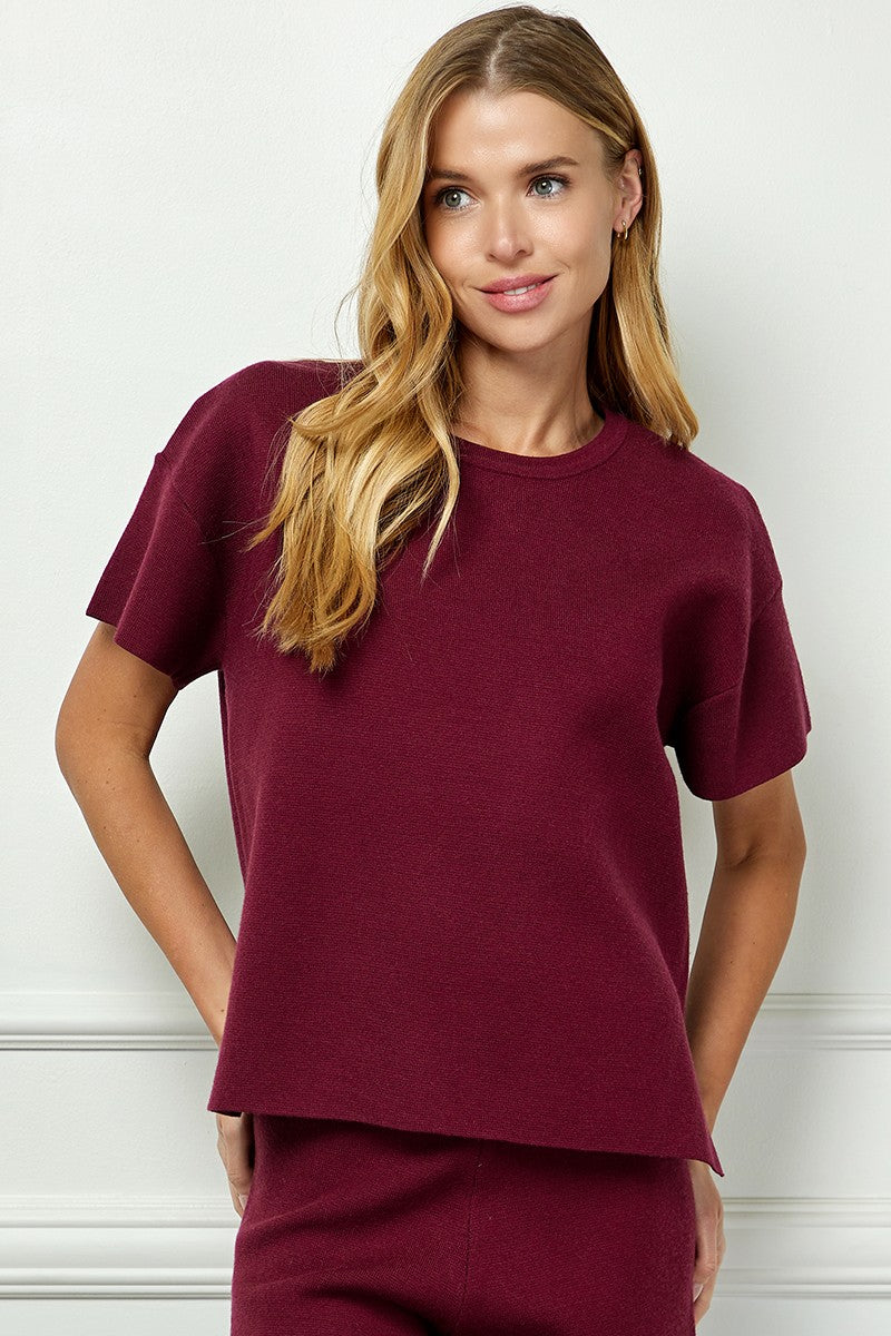 Burgundy Short Sleeve Sweater Top