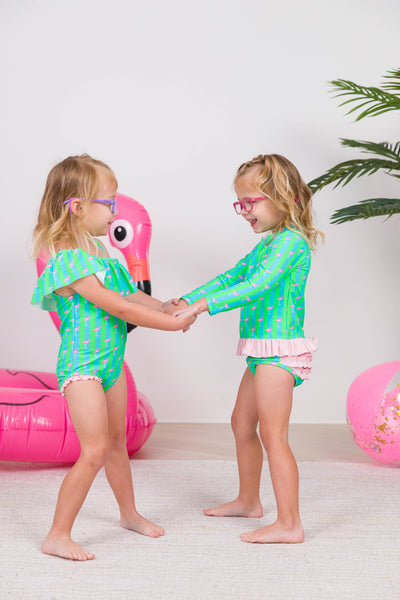 Girls Flamingo One Shoulder Ruffle One Piece