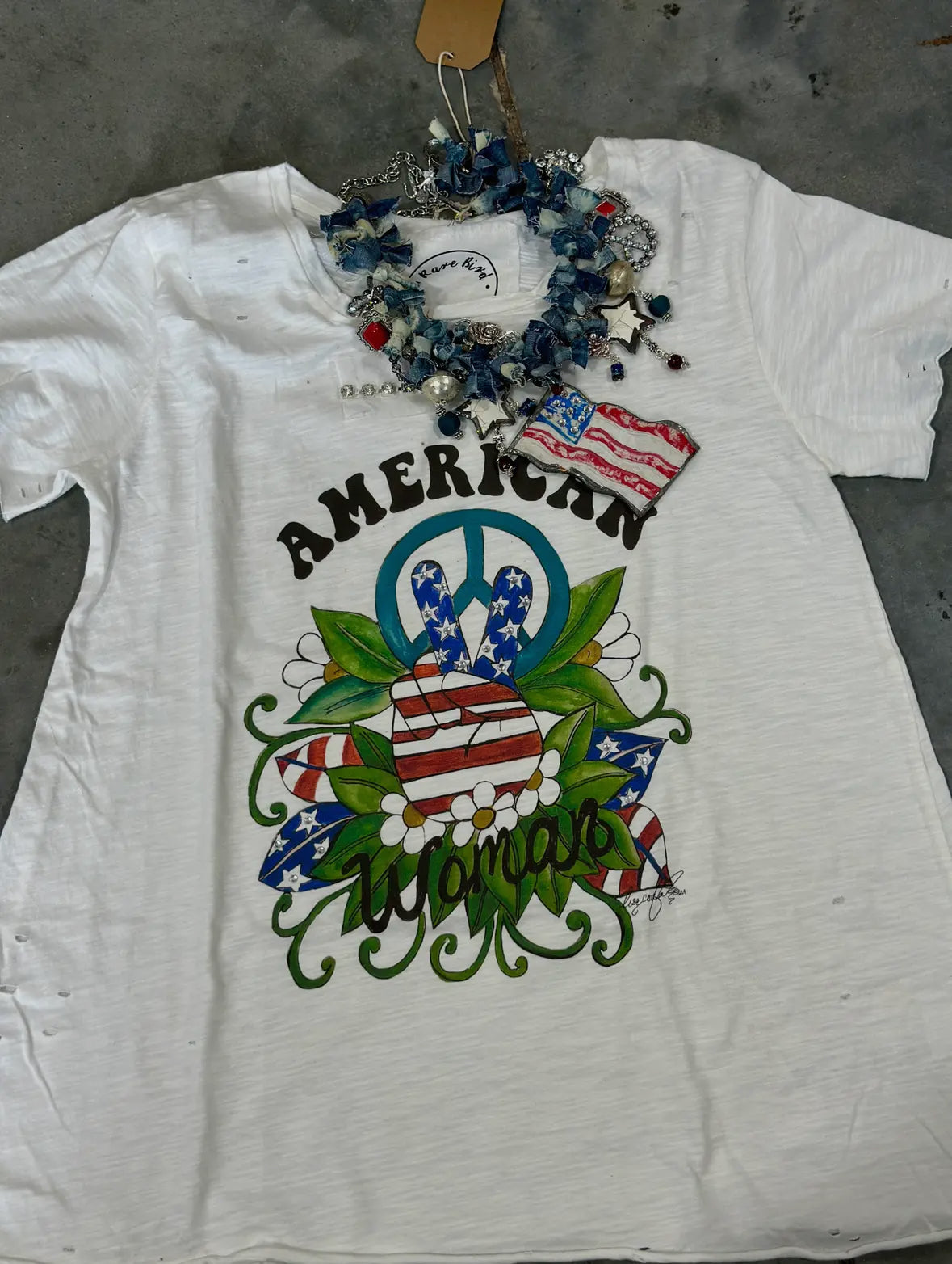 A Rare Bird Peace Out American Woman Tattered Tee