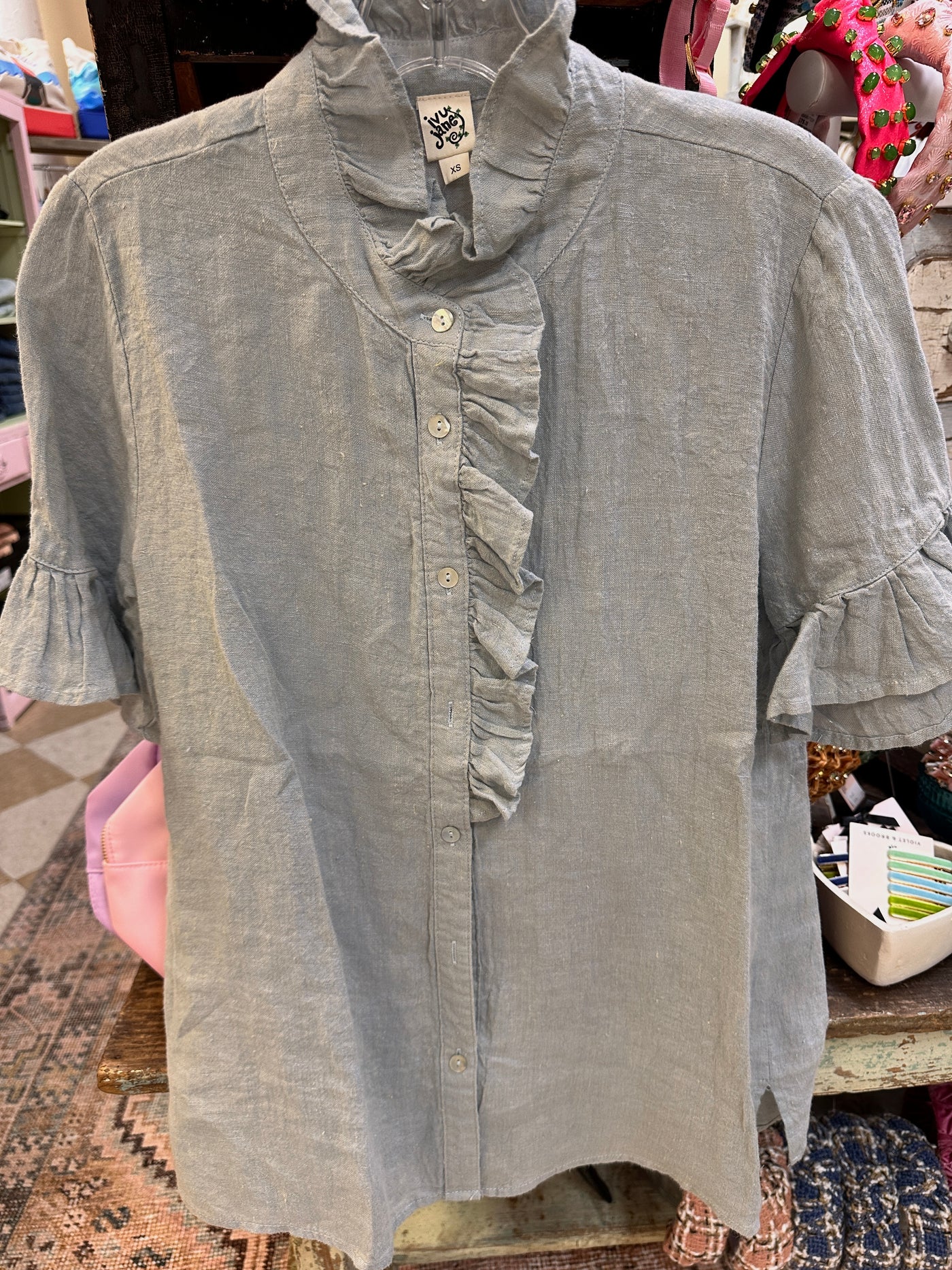 Cross Dyed Blue Linen Top