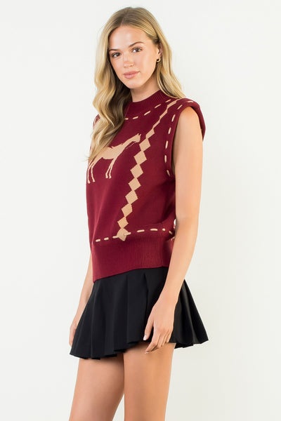 Burgundy Sleeveless Horse Knit Vest