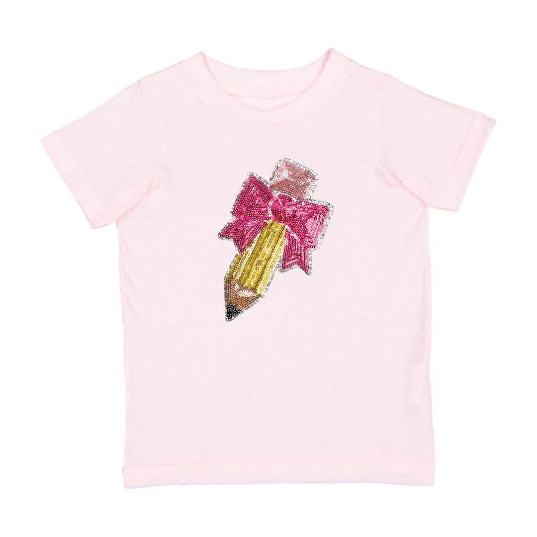 Girls Pencil Bow Sequin Patch T-Shirt