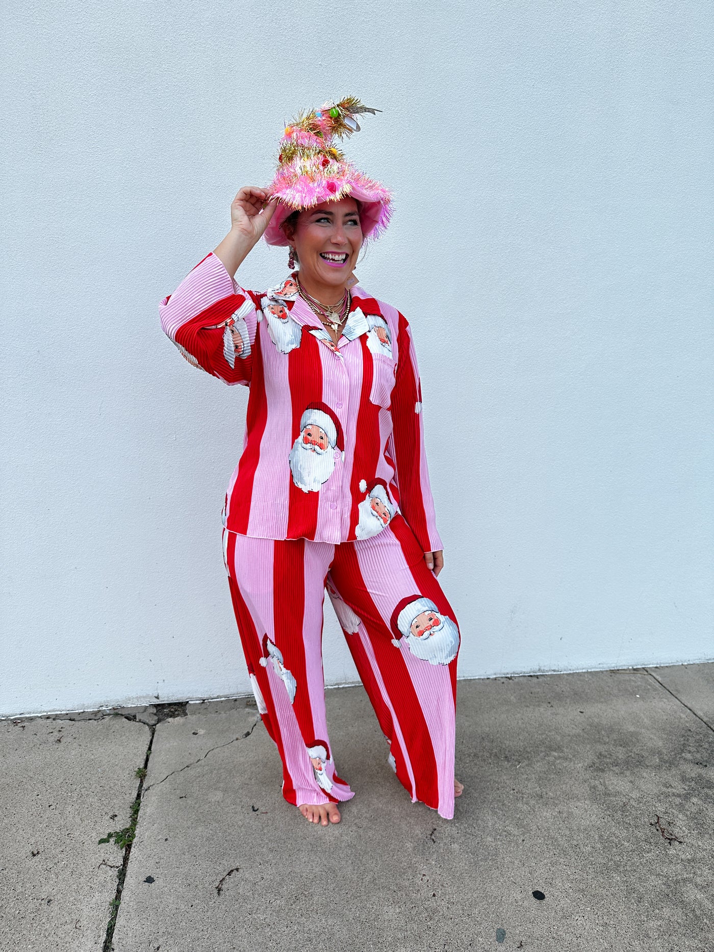 Santa Red & Pink Stripe Pajama Pant Set