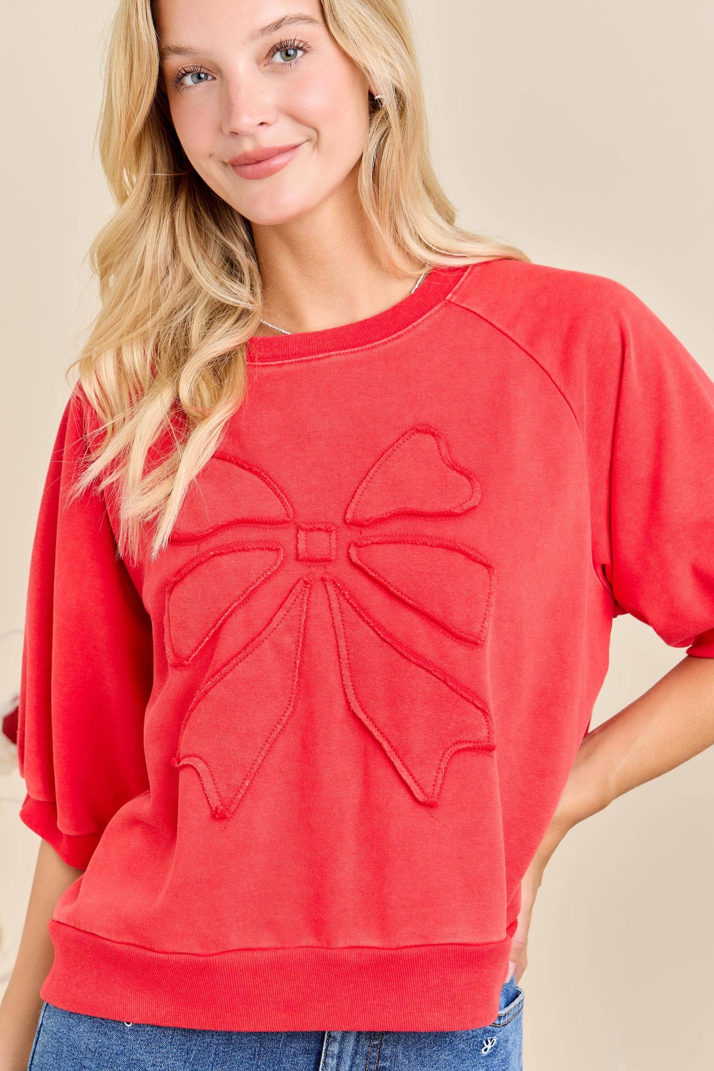 Red Bow Patchwork Sweatshirt