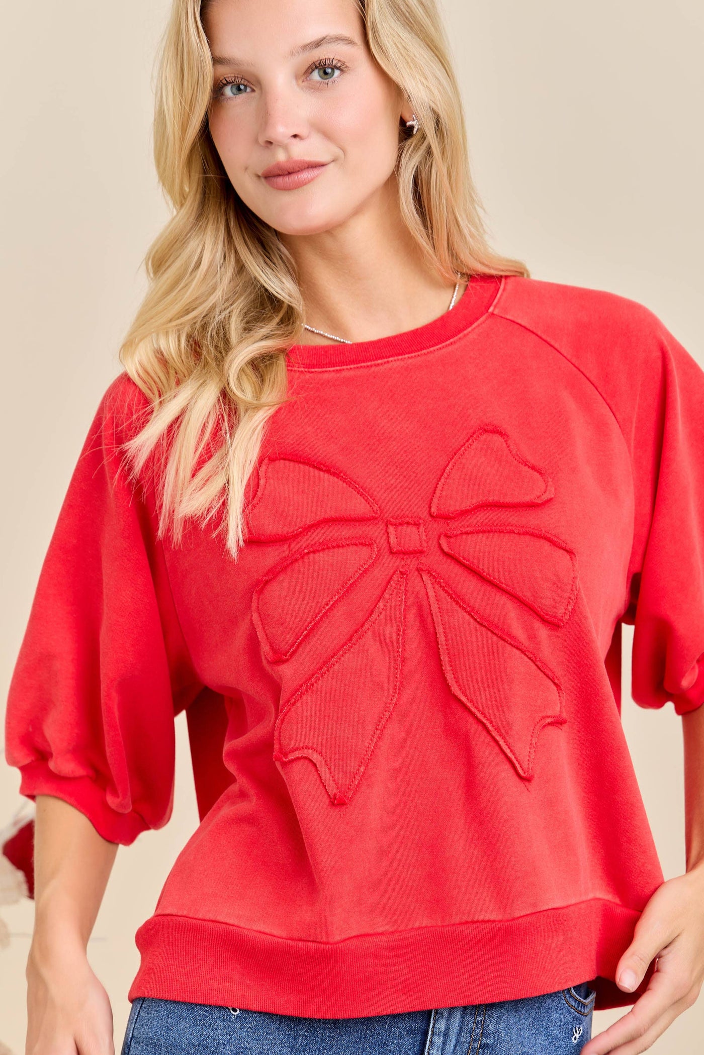 Red Bow Patchwork Sweatshirt