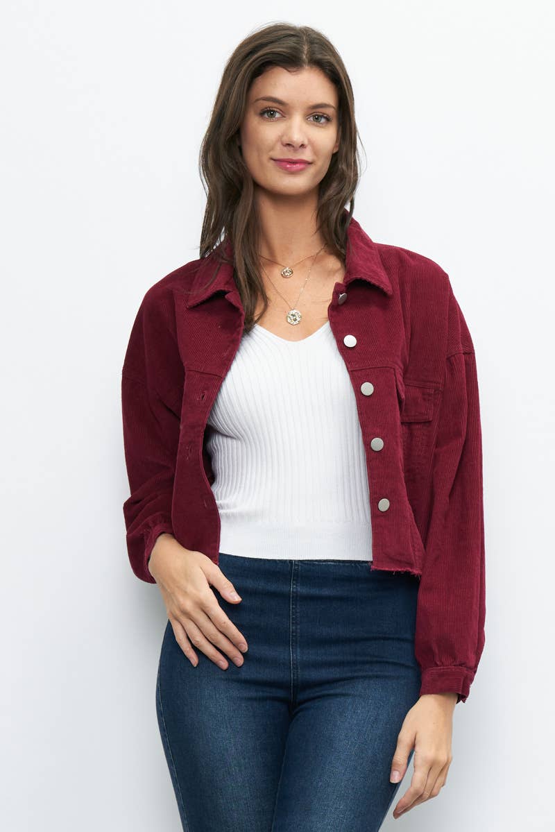 BURGUNDY CROPPED CORDUROY JACKET