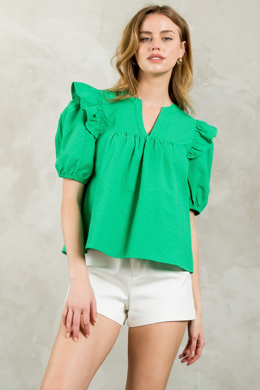 Green Puff Sleeve Textured Top