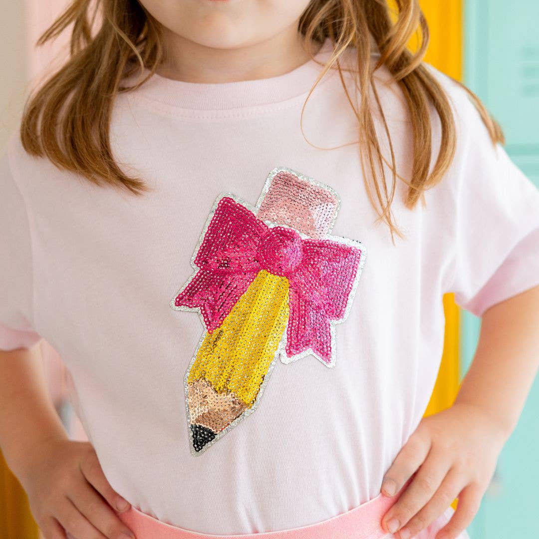 Girls Pencil Bow Sequin Patch T-Shirt