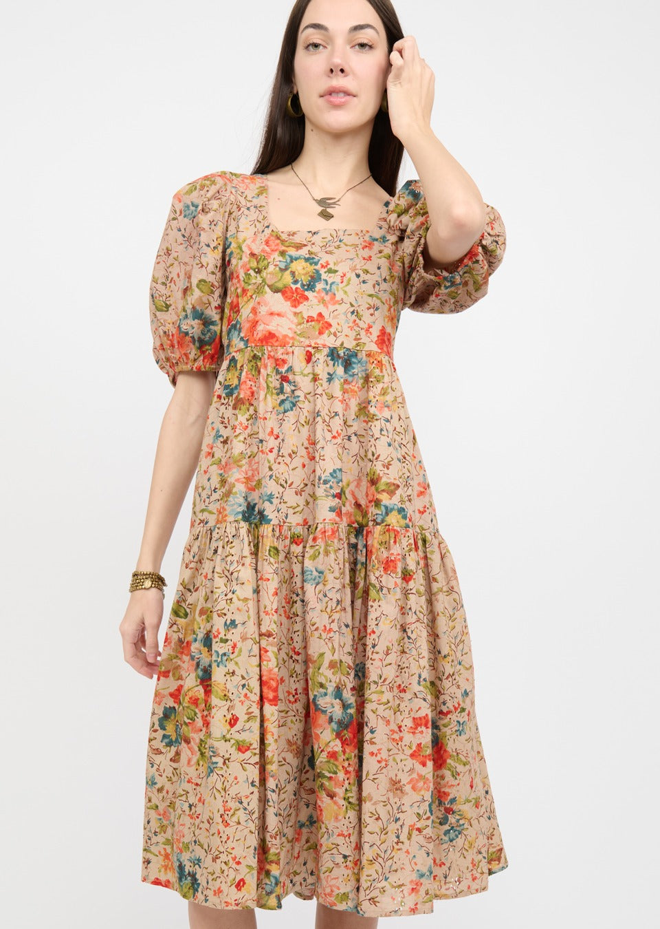 Floral Eyelet Tan Midi Dress