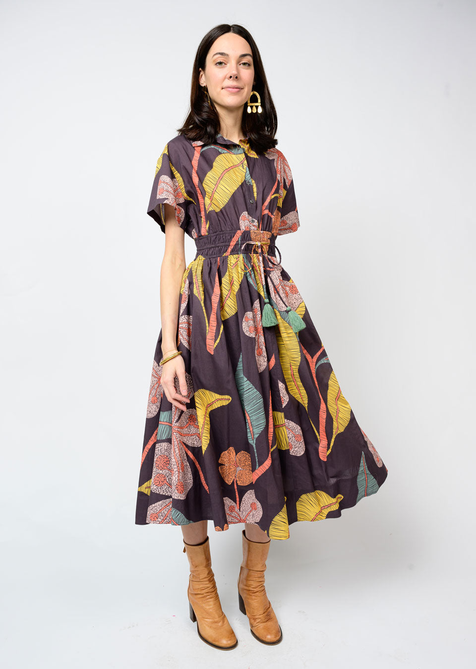 Leaf & Flower Cinched Waist Shirtdres
