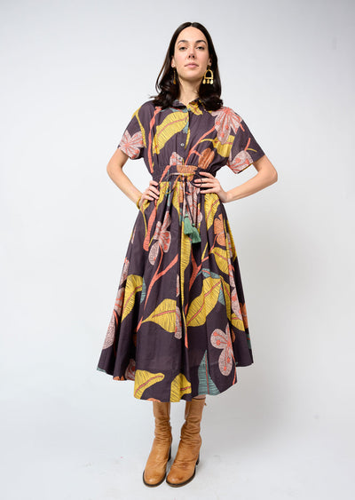 Leaf & Flower Cinched Waist Shirtdres