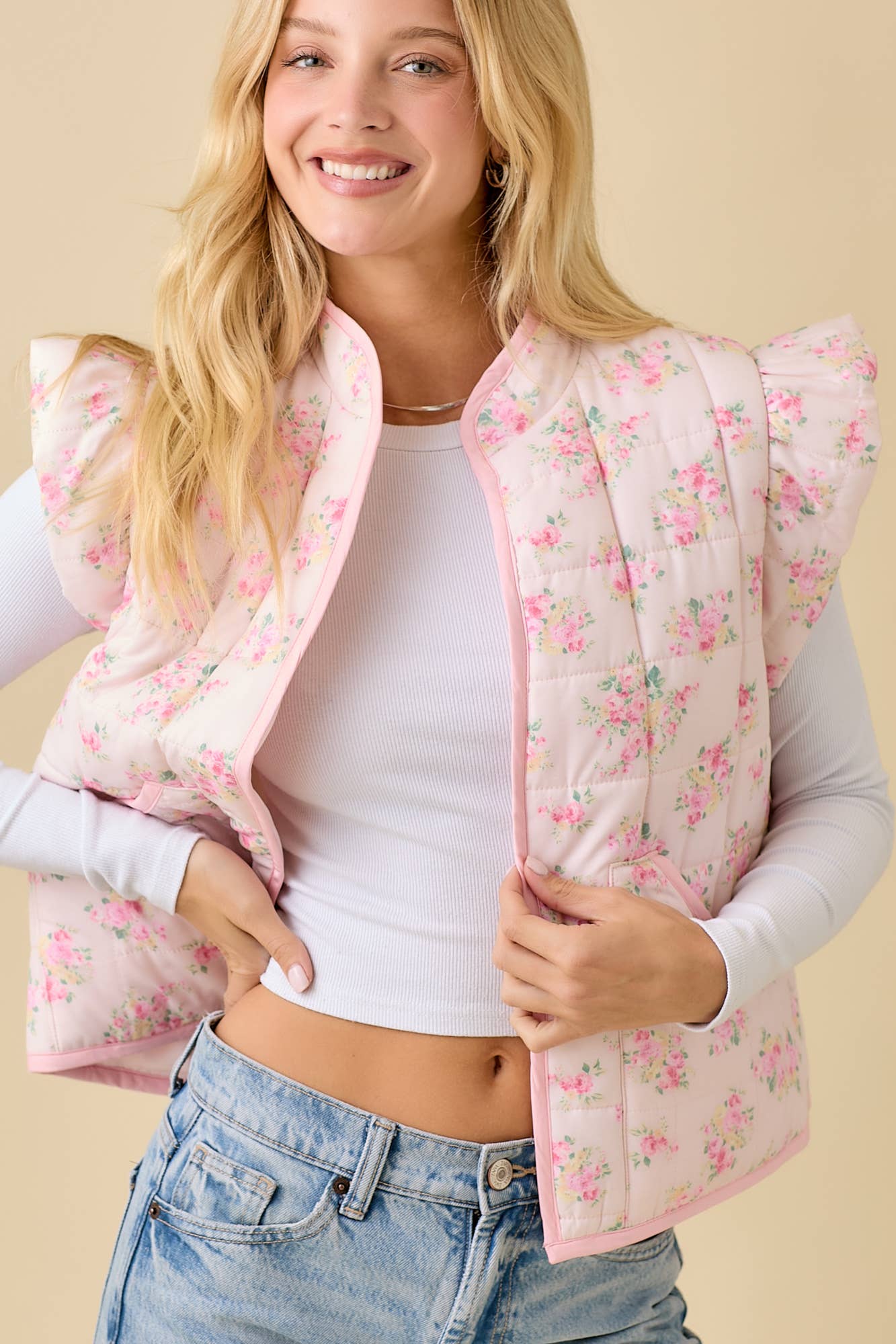 Floral Pink Ruffle Sleeve Puff Vest