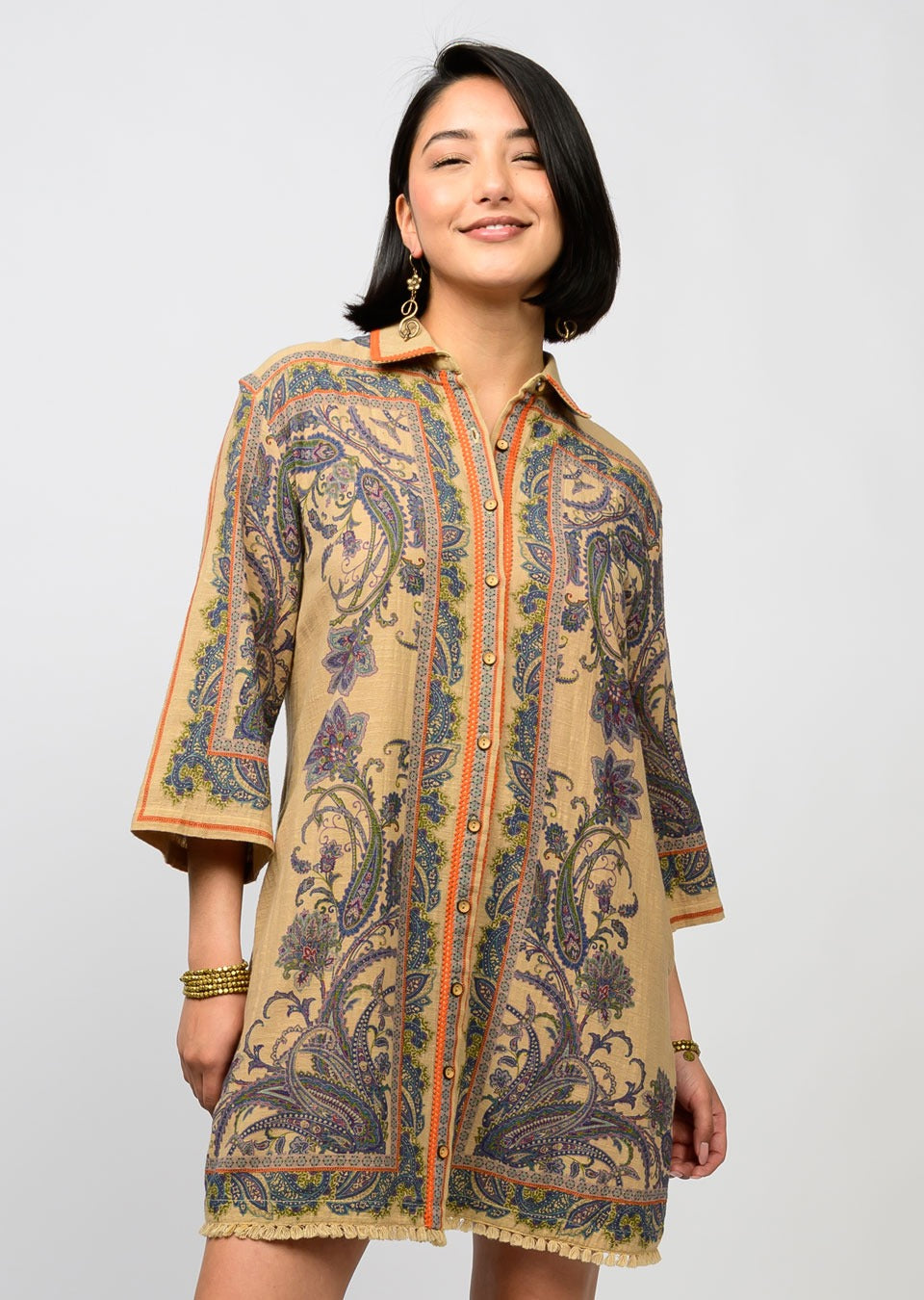 Paisley Camel Border Shirtdress