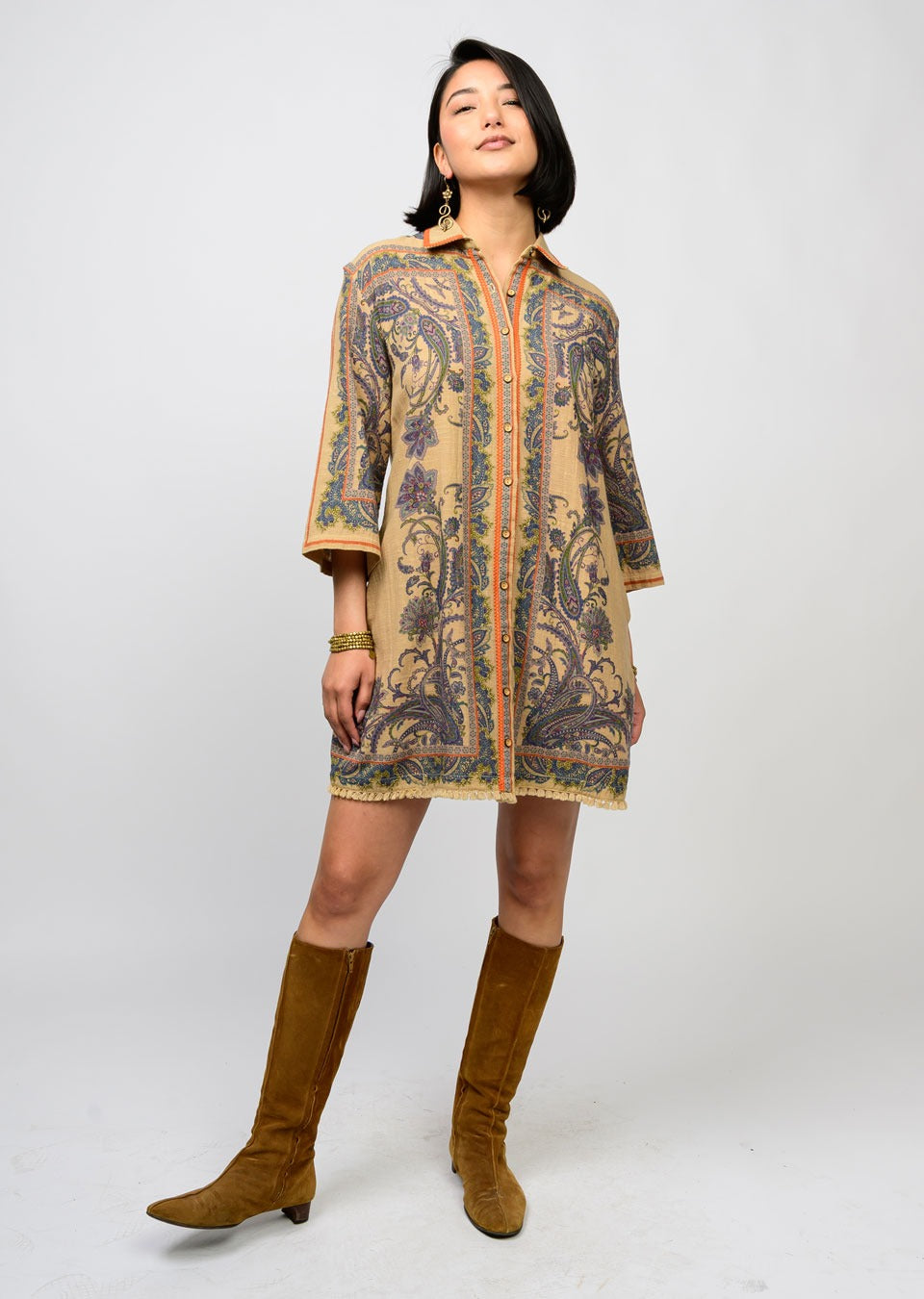 Paisley Camel Border Shirtdress