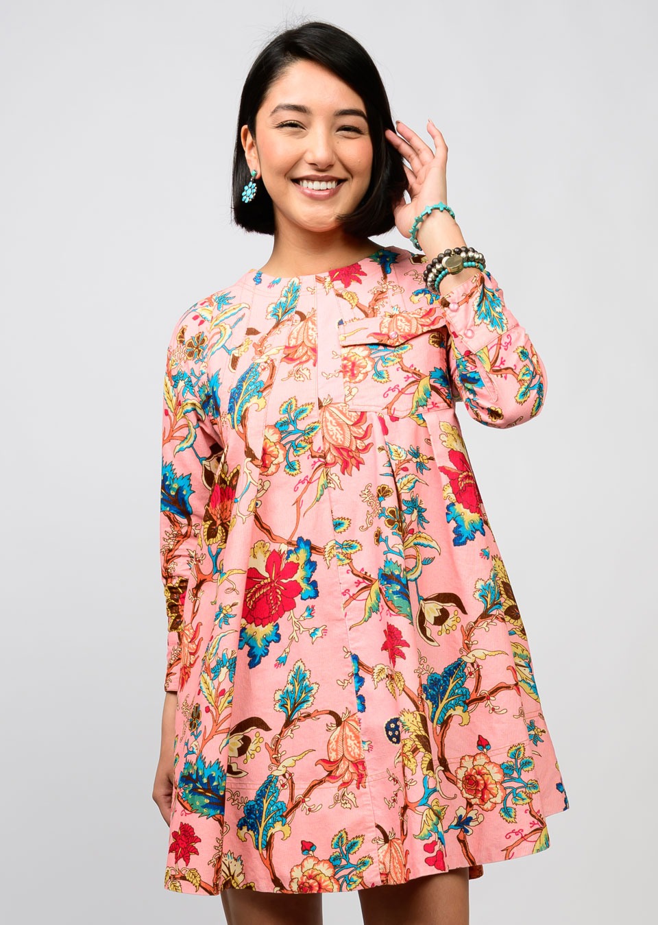 Pink Corduroy Tuck & Swing Dress