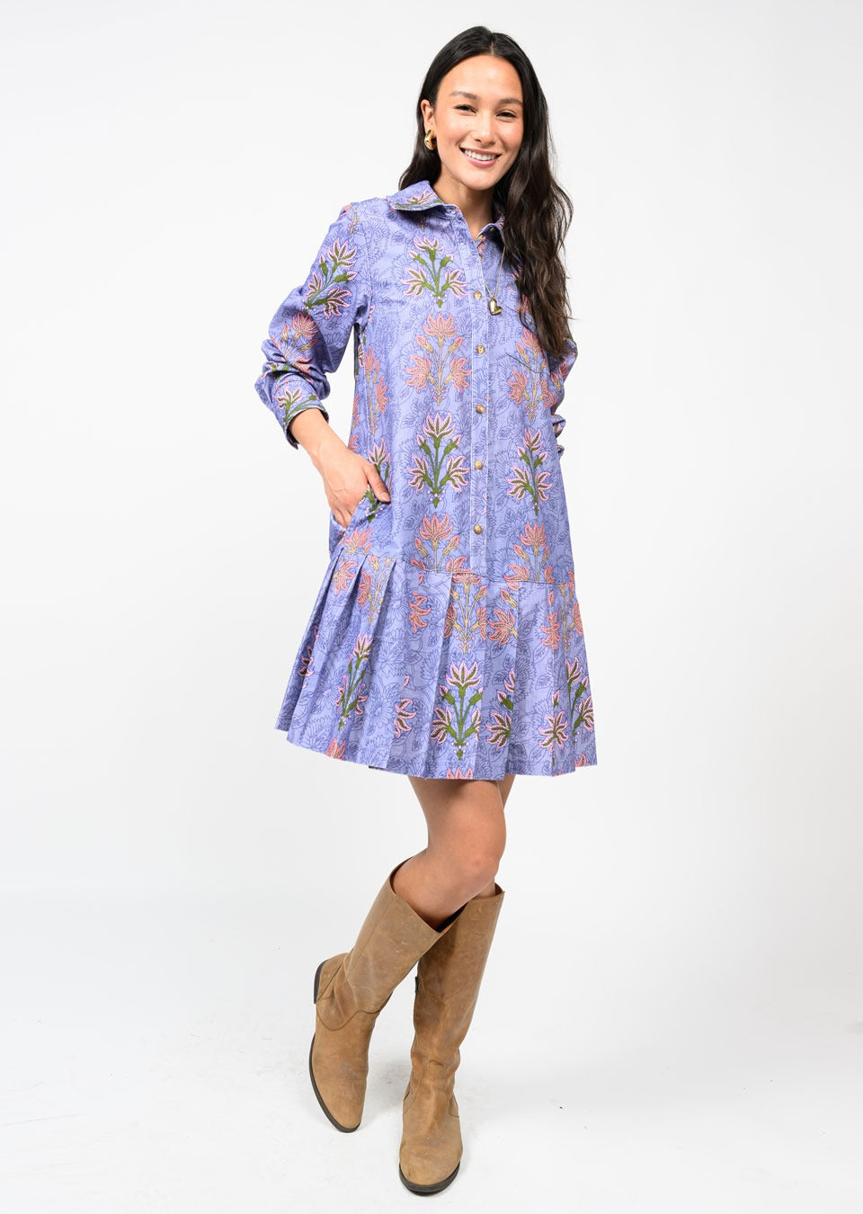 Lilac Corduroy Drop Waist Shirt Dress