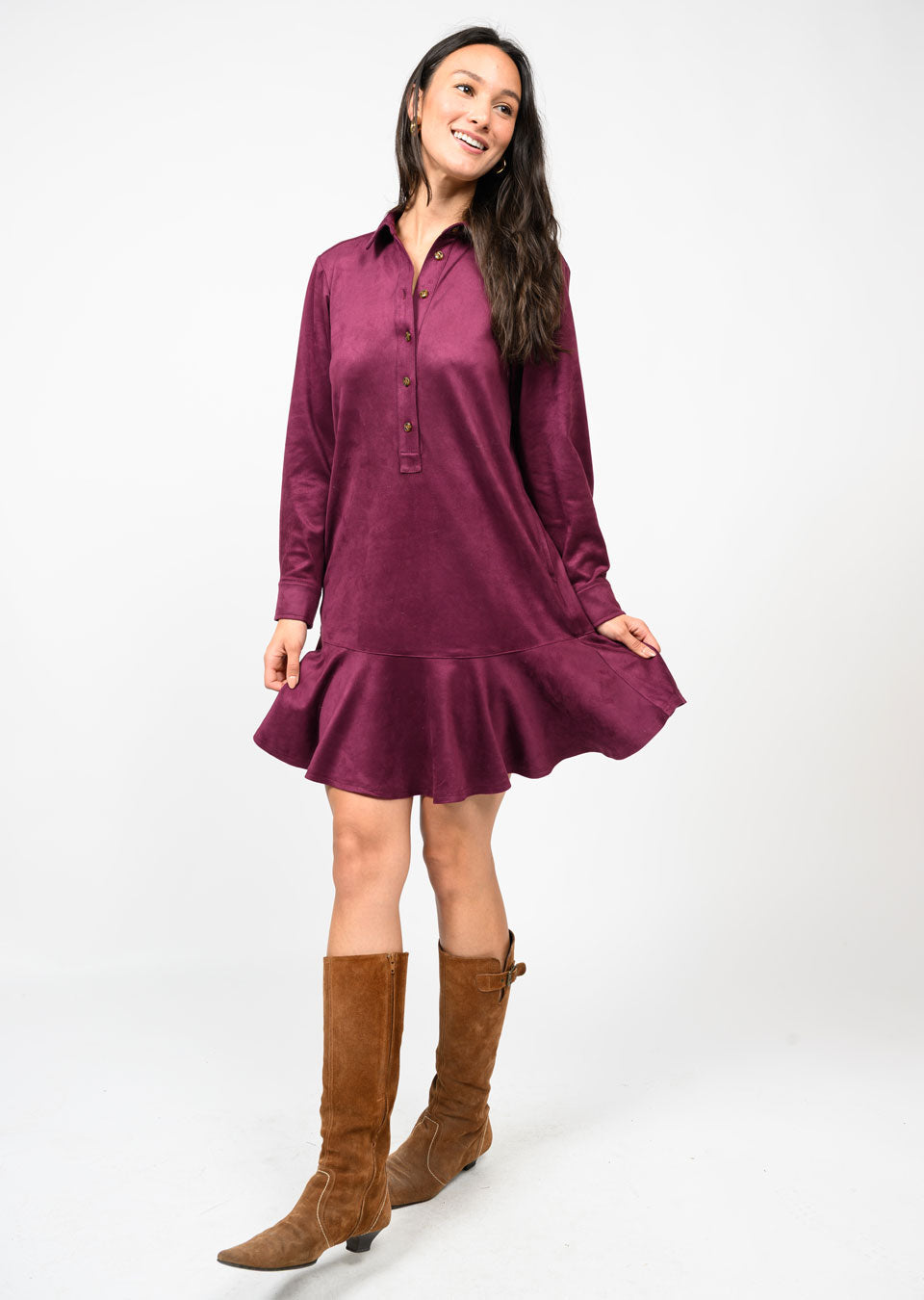 Wine Suede Swing Shirtdress
