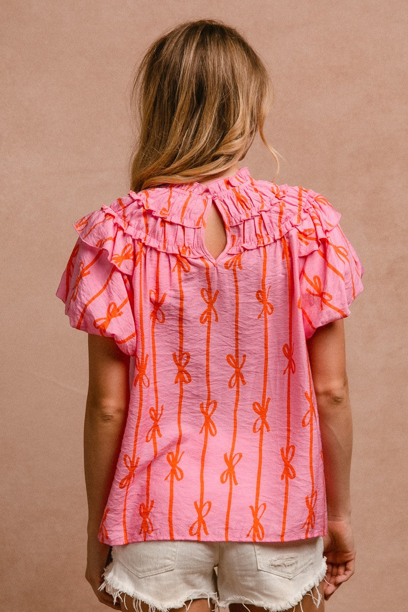 PINK BOW BUBBLE SLEEVE TOP